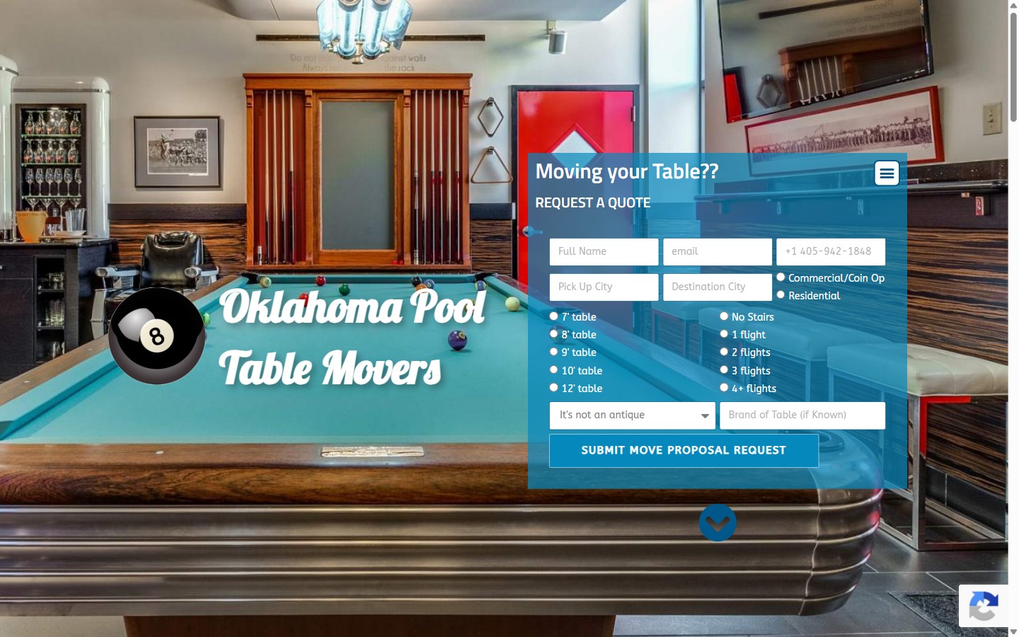 Screenshot of the Oklahoma Pool Table Movers website